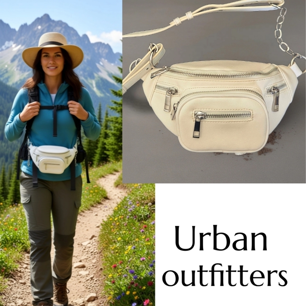 Urban Outfitters Cream Chain Strap Crossbody/ Waist Bag with Multiple Zippers